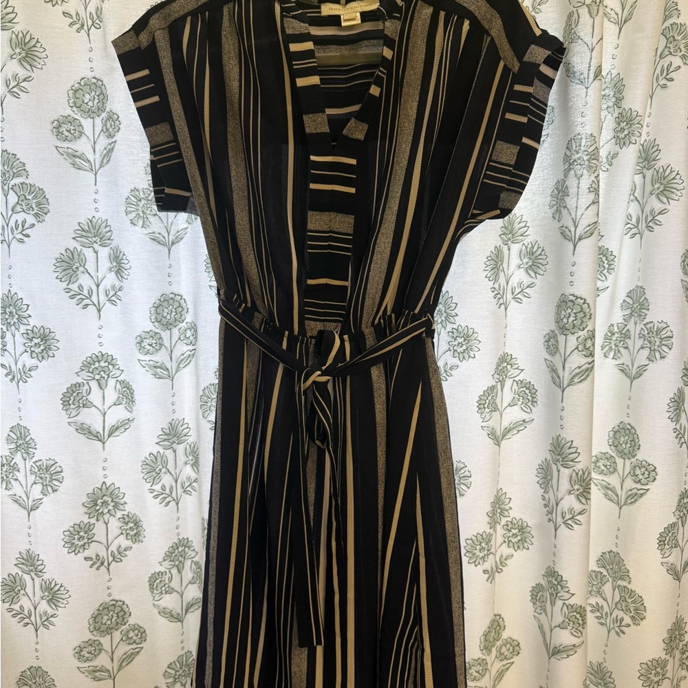 Monteau Blue and White Striped V-Neck Midi Dress with Waist Tie